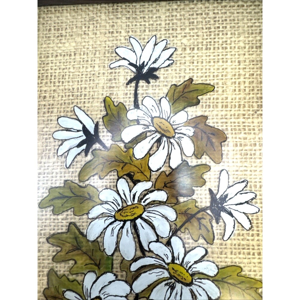 Vintage Rattan Wicker Background Reverse Hand Painted Daisies’s Blue Vase 15 In - Picture 3 of 8